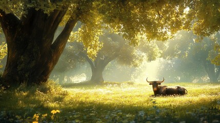 Obraz premium A serene countryside setting with a single bull resting under the shade of a tree, with soft sunlight filtering through the leaves.