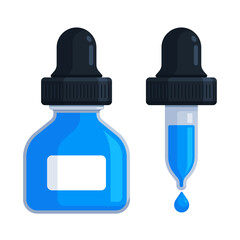 Light blue dropper bottle with pipette and droplet. Flat vector illustration isolated on white background with copy space. Ink, dye, colorant, tincture, reagent, essential oil, serum concept