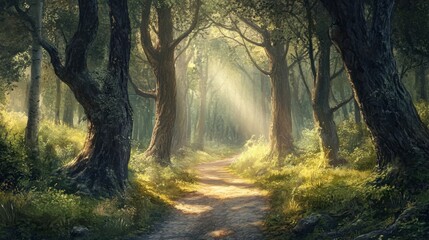 Fototapeta premium A serene forest path winding through tall, ancient trees with sunlight streaming through the foliage, creating a peaceful and inviting atmosphere.