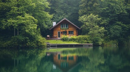 Obraz premium A serene lakeside cabin with wooden exterior and a dock, surrounded by lush greenery and reflecting in the calm water.