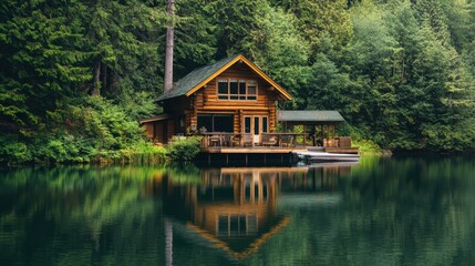 A serene lakeside cabin with wooden exterior and a dock, surrounded by lush greenery and reflecting in the calm water.