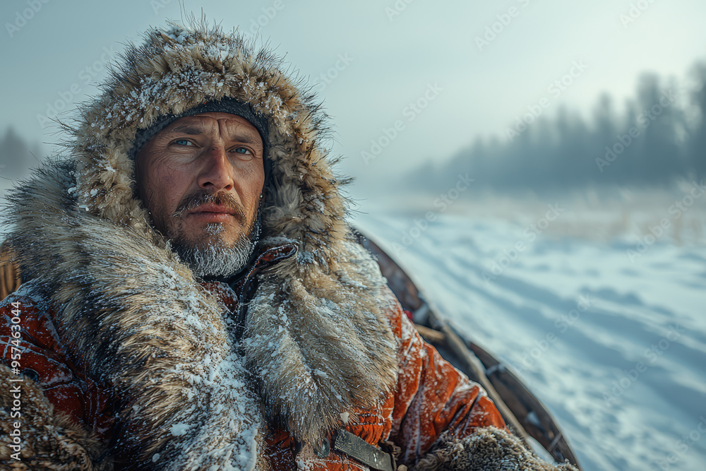 Sticker A man in a fur-lined coat and hat riding a sled in a snowy Siberian landscape, reflecting traditional winter activities in a remote region.