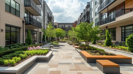 A stylish apartment complex with modern design, landscaped courtyards, and amenities, set in a vibrant urban neighborhood.