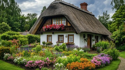 A traditional house with a thatched roof and colorful flower beds, set in a quaint village with a peaceful countryside backdrop.