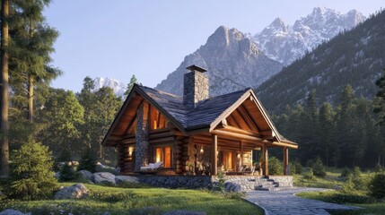 Obraz premium A traditional log cabin with a stone fireplace and a scenic mountain backdrop, set in a tranquil natural setting.