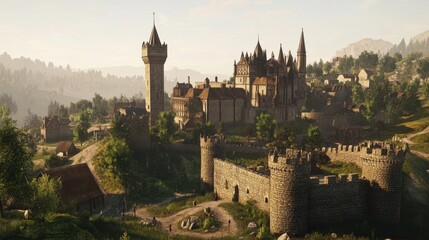 Naklejka premium A traditional medieval castle with stone walls, turrets, and a moat, set in a dramatic landscape with rolling hills and forests.