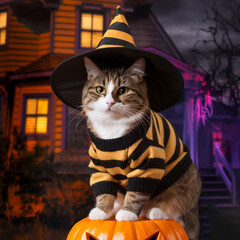 Festive Cat in Witch Hat and Striped Sweater on Jack-o'-Lantern at Haunted House