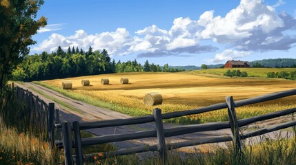 Fototapeta premium A tranquil farm scene with a rustic wooden fence, fields of crops, and a few scattered bales of hay under a blue sky.