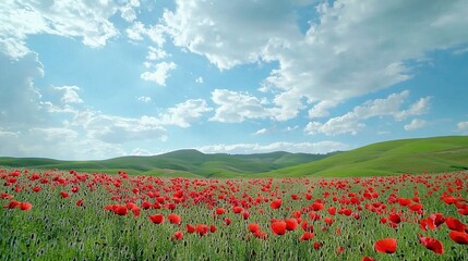  Red flowers under a blue sky, hills in the background, few clouds in the sky