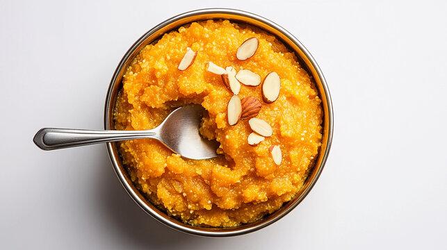 moong dal halwa garnished with almonds on white background