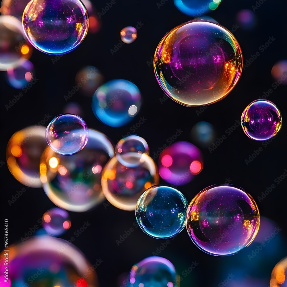 Poster gradient multicolor soap bubbles against black background image