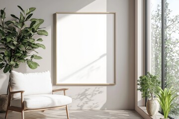 Fototapeta premium Poster Frame in Beige minimalist living room interior created with generative AI