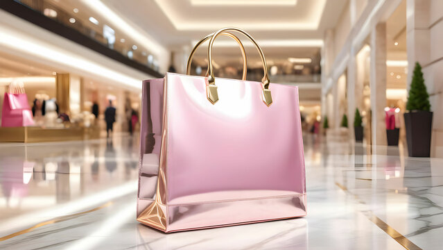 Pink metalic shopping bag in a fancy shopping mall