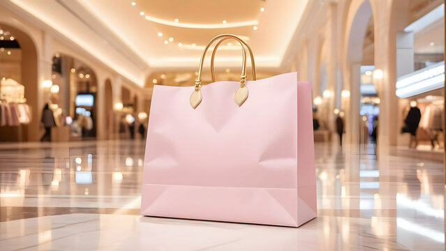 Pink shopping bag in a fancy shopping mall