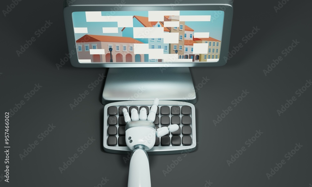 Poster artificial intelligence creating illustrations. a robot hand types on a keyboard. 3d rendering