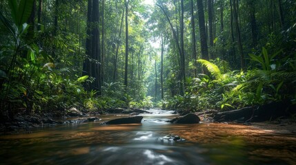 Obraz premium A wide view of a forest with a clear, babbling brook running through it, surrounded by lush vegetation and a canopy of trees.