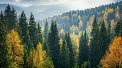A wide-angle view of a forest with a mix of coniferous and deciduous trees, showcasing the diversity of the woodland ecosystem.