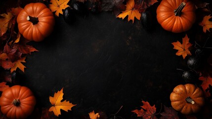 Halloween pumpkins and autumn leaves frame a dark background