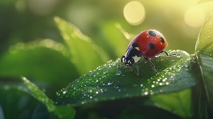 Obraz premium A ladybug atop a green leaf, glistening with dewdrops under the warm sunlight