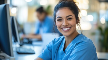 A friendly dental receptionist scheduling an appointment for a patient at the front desk.