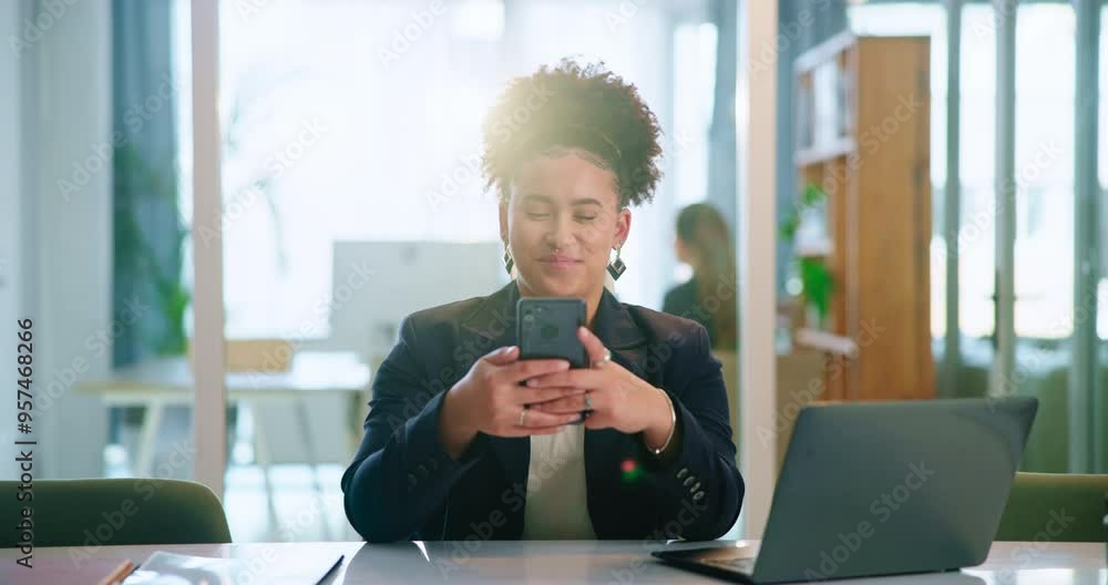 Poster office, typing and woman with phone for online connection, contact or networking for business at fin
