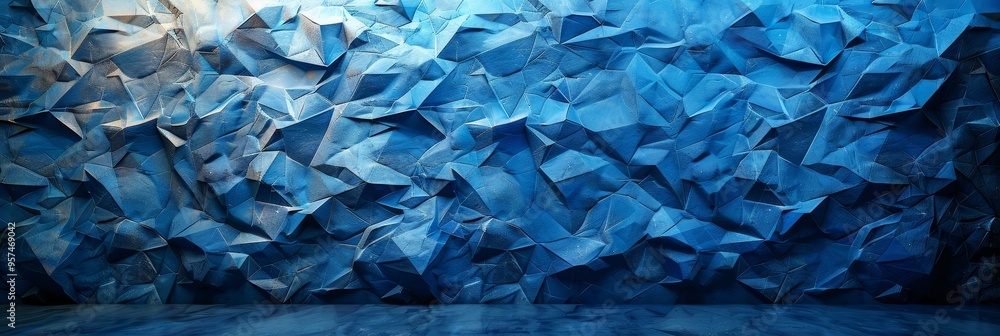 Poster triangular facets in shades of blue creating a dynamic and contemporary mosaic texture.