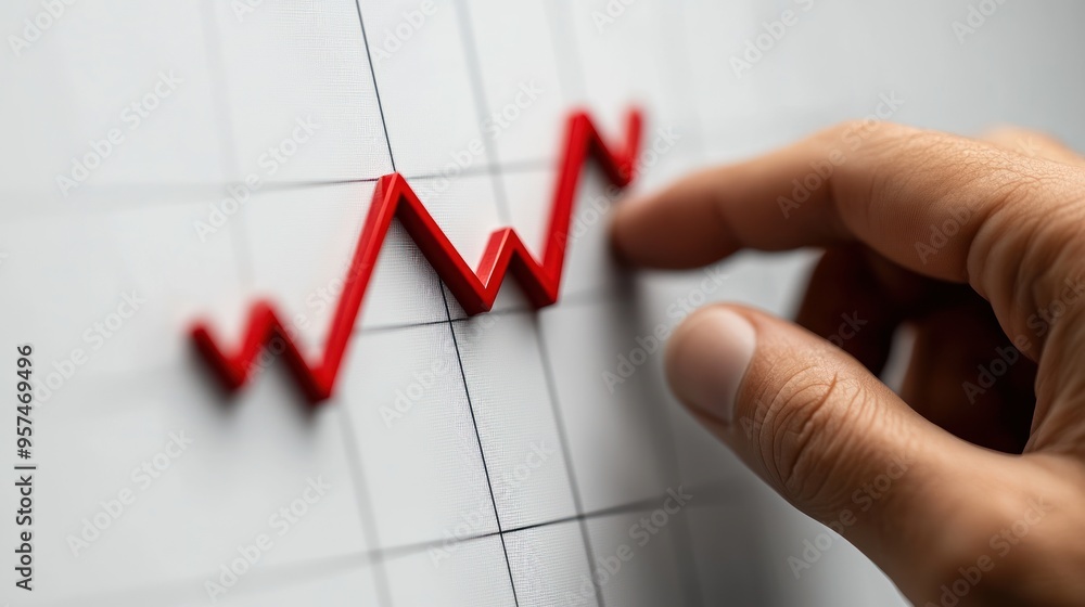 Poster hand pointing at red line graph