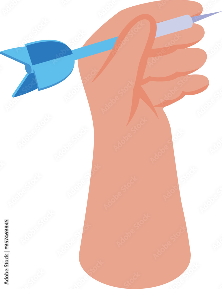 Poster hand is holding a blue dart, prepared to throw it at a target in a game of skill and precision