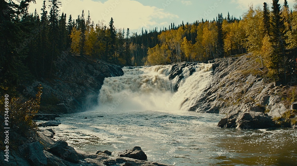 Wall mural   A waterfall cascading off a cliff into a river, with a side waterfall flowing into the main stream