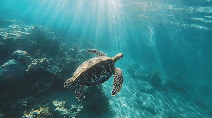   A turtle swimming in the ocean with sunlight illuminating its back and head above the water's surface