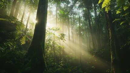 Obraz premium Through trees, shines dense, green forest ferns and tall, leafy sun