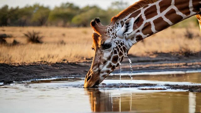 Southern giraffe bending to drink water in the savanna, with droplets splashing from its mouth