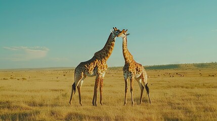Obraz premium Two giraffes stand beside each other on a dry field with hills in the background