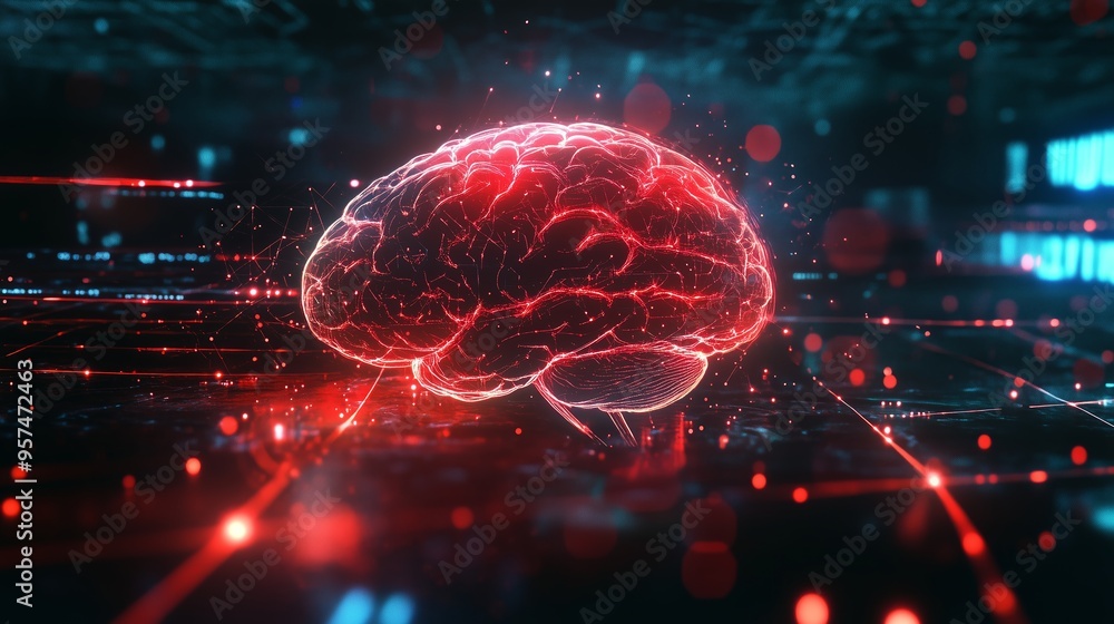 Poster a glowing brain illuminated by red light amidst a digital landscape filled with interconnected circu