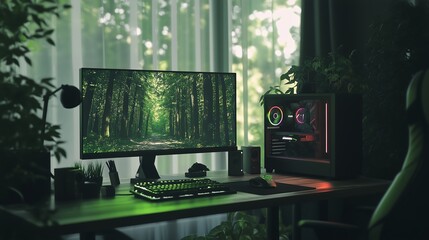 Gaming Desk Setup With Nature