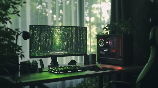 gaming desk setup with nature background