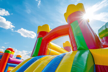 a multicolored inflatable bounce house featuring bright primary colors