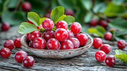   A bowl of cranberries sits on a wooden table amidst green leaves and scattered red berries on the ground