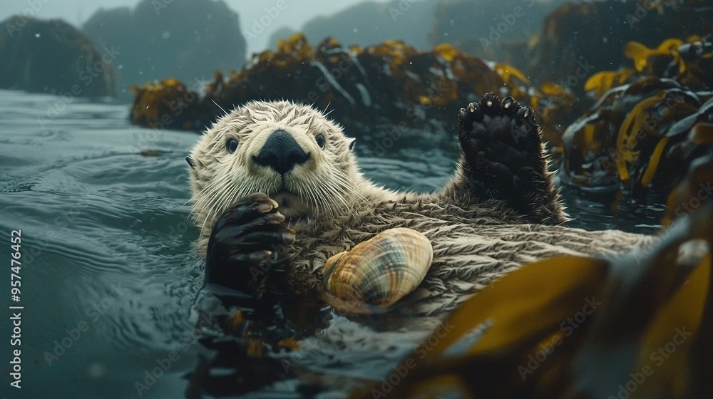 Poster   A sea otter floats atop vibrant water, surrounded by green seaweed