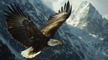 Obraz premium A bald eagle soaring in front of majestic snow-capped mountains against a cloudy backdrop