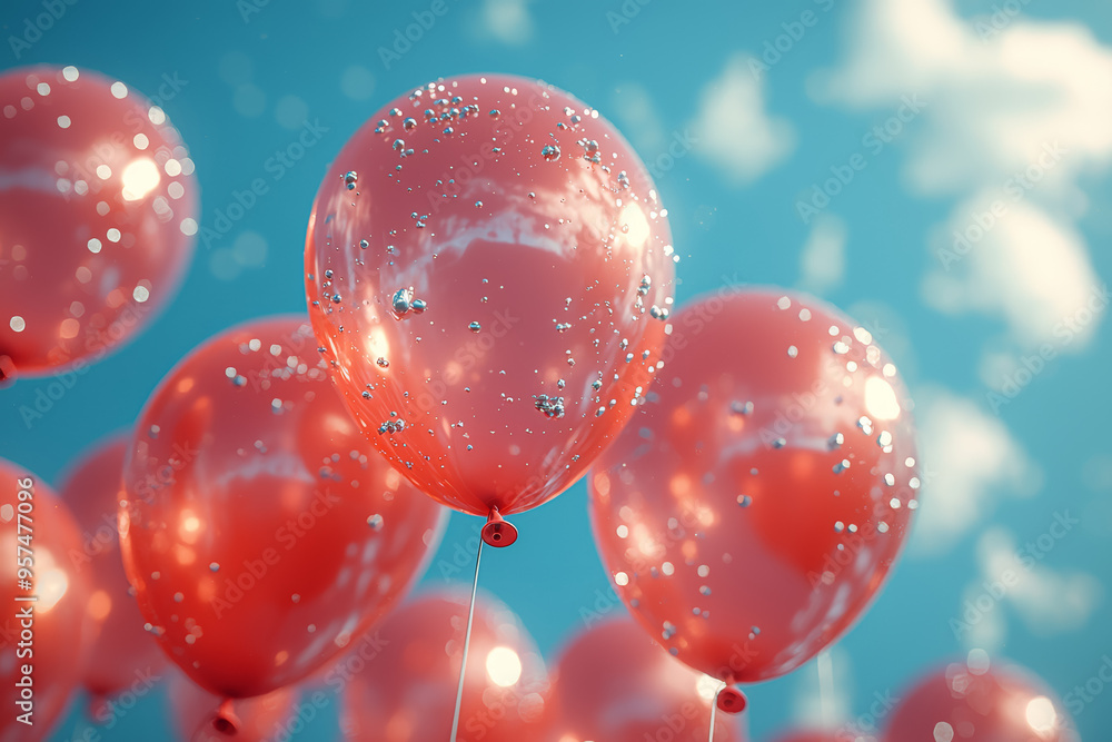 Poster a series of floating balloons with no strings visible, as if held by an unseen person. concept of ma