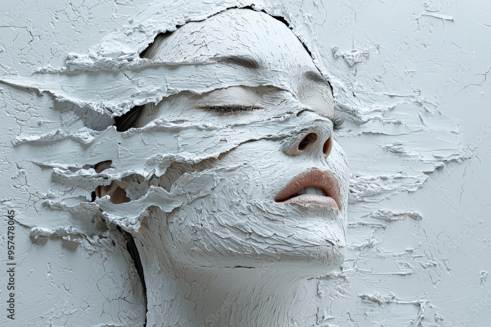 Poster a painting of a figure with only parts of their body visible, the rest blending into the canvas. con