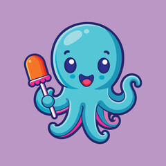 Cute Octopus Holding Ice Cream Popsicle Cartoon Vector Icon Illustration. Isolated Flat Cartoon Style