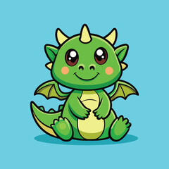 Cute Baby Green Dragon Sitting Cartoon Vector Icon Illustration. Isolated Flat Cartoon Style