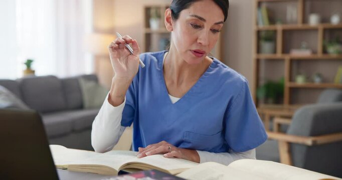 Woman doctor, thinking and study in practice for healthcare, books and research for diagnosis. Expert, textbooks or reading at table for consultation preparation with medical references in literature