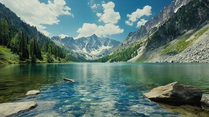   A lake nestled between towering peaks under a sapphire sky, speckled with fluffy white clouds and an occasional wisp