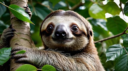 Fototapeta premium Brown and White Sloth Hanging From Tree