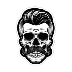 Obraz premium A strikingly detailed pop art sticker of a DJ skull adorned with a handlebar mustache and a stylish posh undercut haircut against a solid black background. Intricate Pop Art Sticker of DJ Skull with