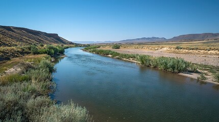   A river in the heart of a desert surrounded by mountains and a clear blue sky