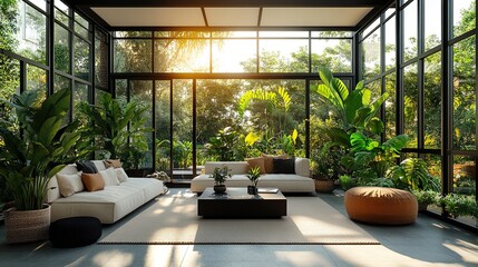 Serene garden house interior with lush green tree accents and decor picture